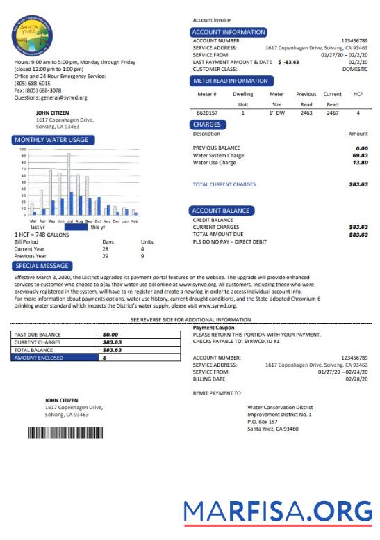 Downloadable USA California Santa Ynez water utility bill template in Word and PDF format
